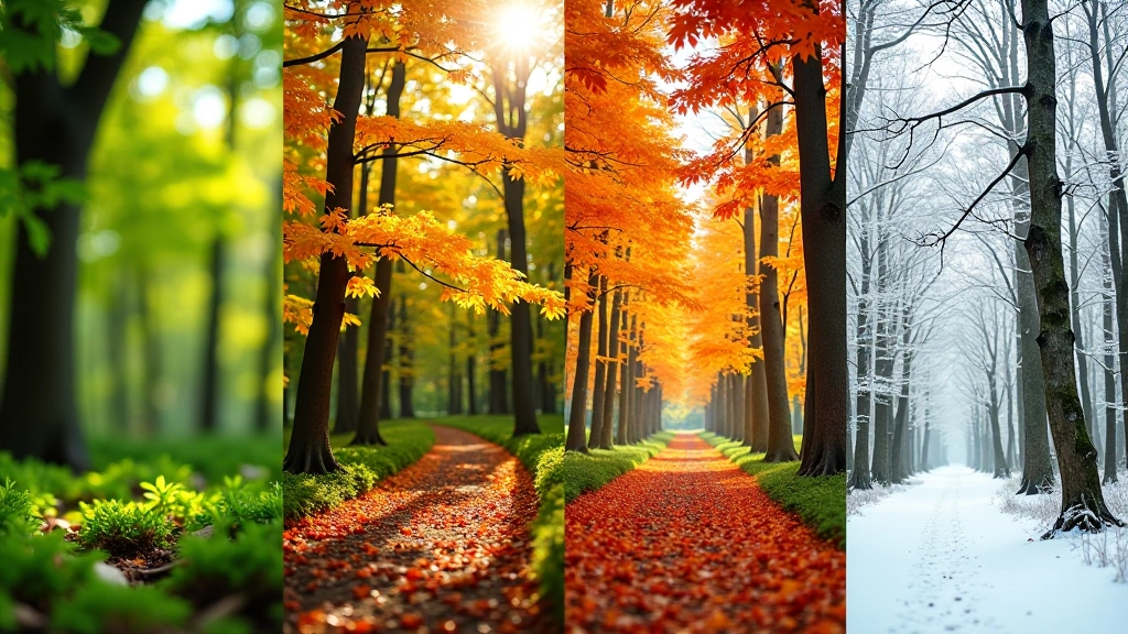Ketursezoniai medžio nuotraukos šalia — žali pavasaris, geltoni vasara, oranžiniai rudenį, balti žiemą